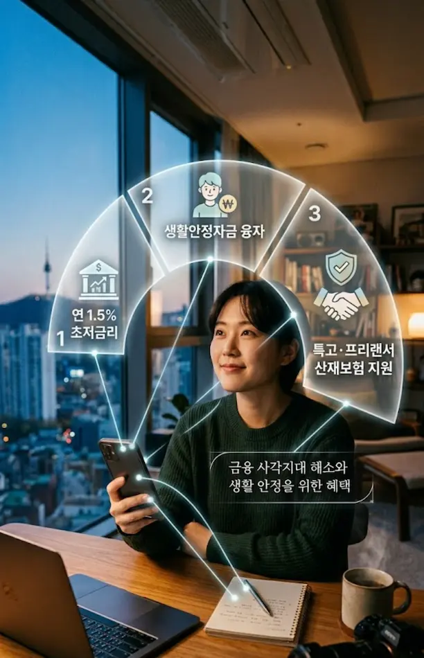 프리랜서가 생활안정자금융자 내용을 스마트폰으로 확인하는 이미지