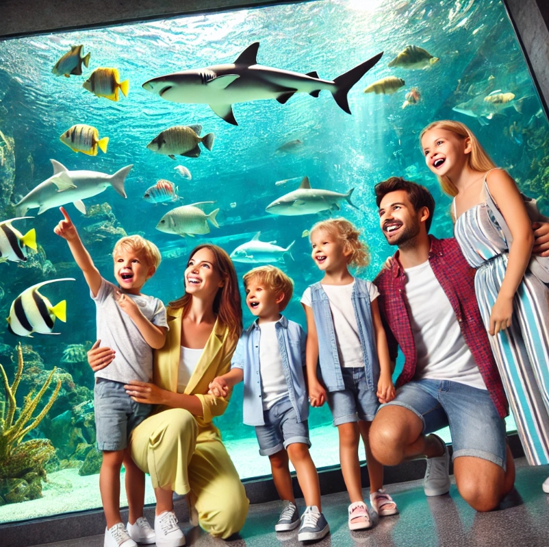 수족관을 찾는 아이들과 함께 행복한 가족. 이 장면은 부모와 아이들이 형형색색의 물고기, 상어, 바다거북으로 가득 찬 대형 유리 수조 앞에 서 있는 모습을 담고 있습니다