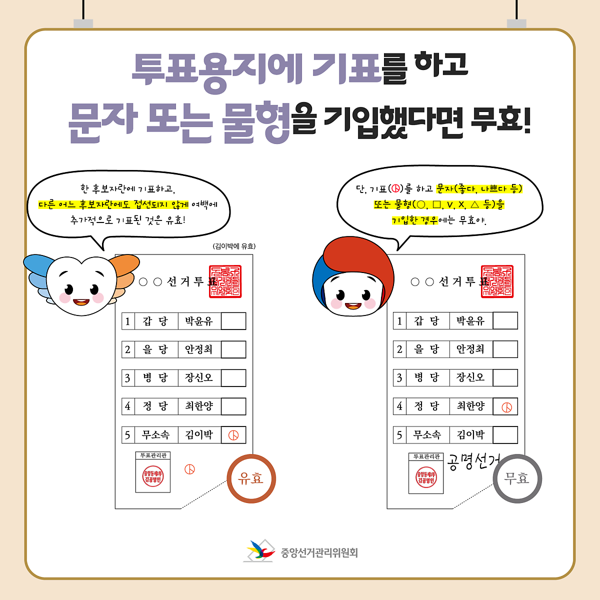 투표용지에 기표를 제외한 다른 무언가를 기입한 경우 무효다.