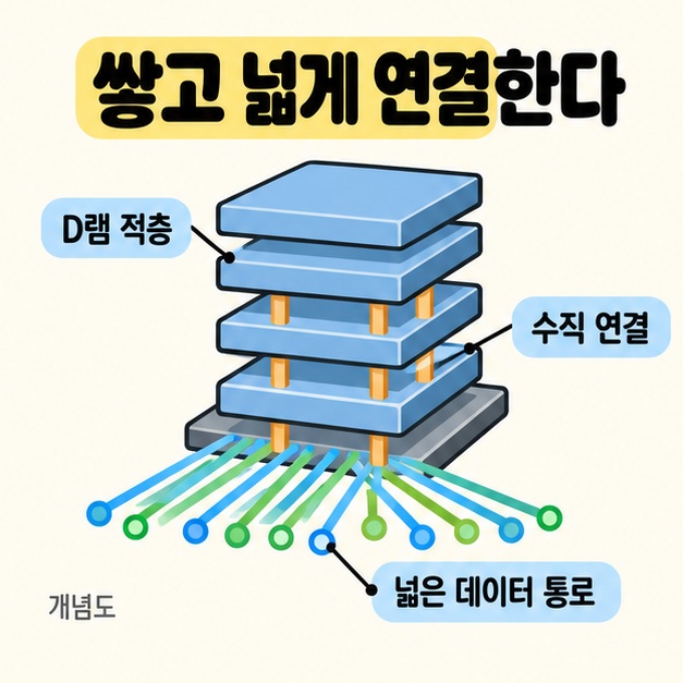 D램 층을 수직으로 쌓고 층 사이 연결과 아래쪽의 넓은 데이터 통로를 표시한 개념도