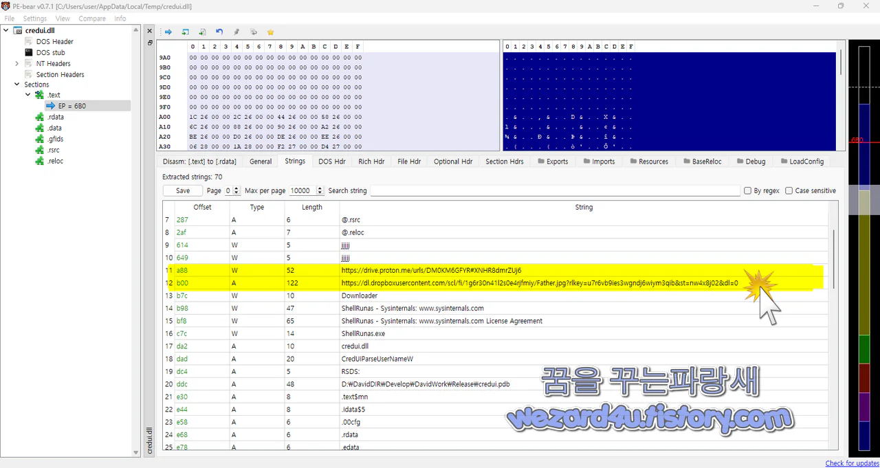 PE-bear 로 확인한 dll 파일 안에 포함된 클라우드 드라이브 주소