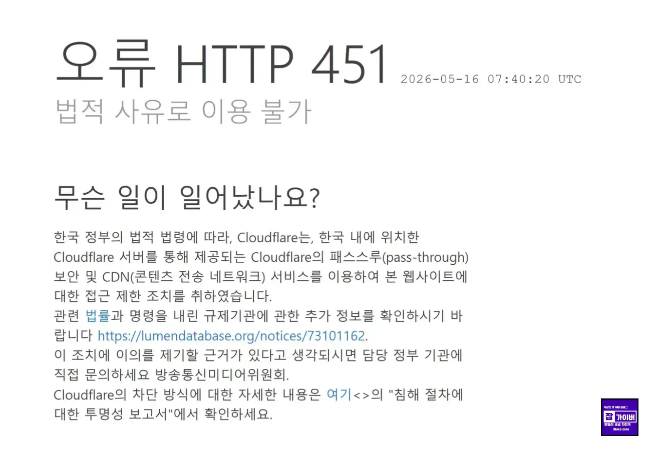 HTTP 451 법적 사유로 이용 불가 오류와 사이트 접속 차단 원인을 설명하는 인포그래픽