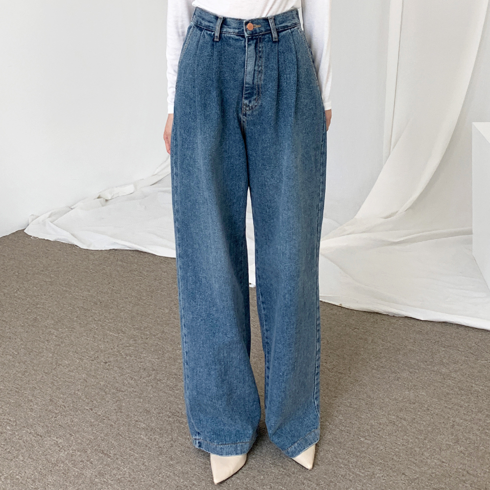 일자 청통바지 허리밴드 밴딩 핀턱 청바지