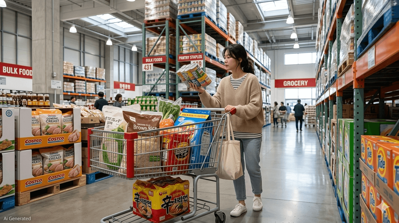 코스트코 매장에서 자취생이 대용량 식재료와 생필품을 카트에 담아 장을 보는 모습