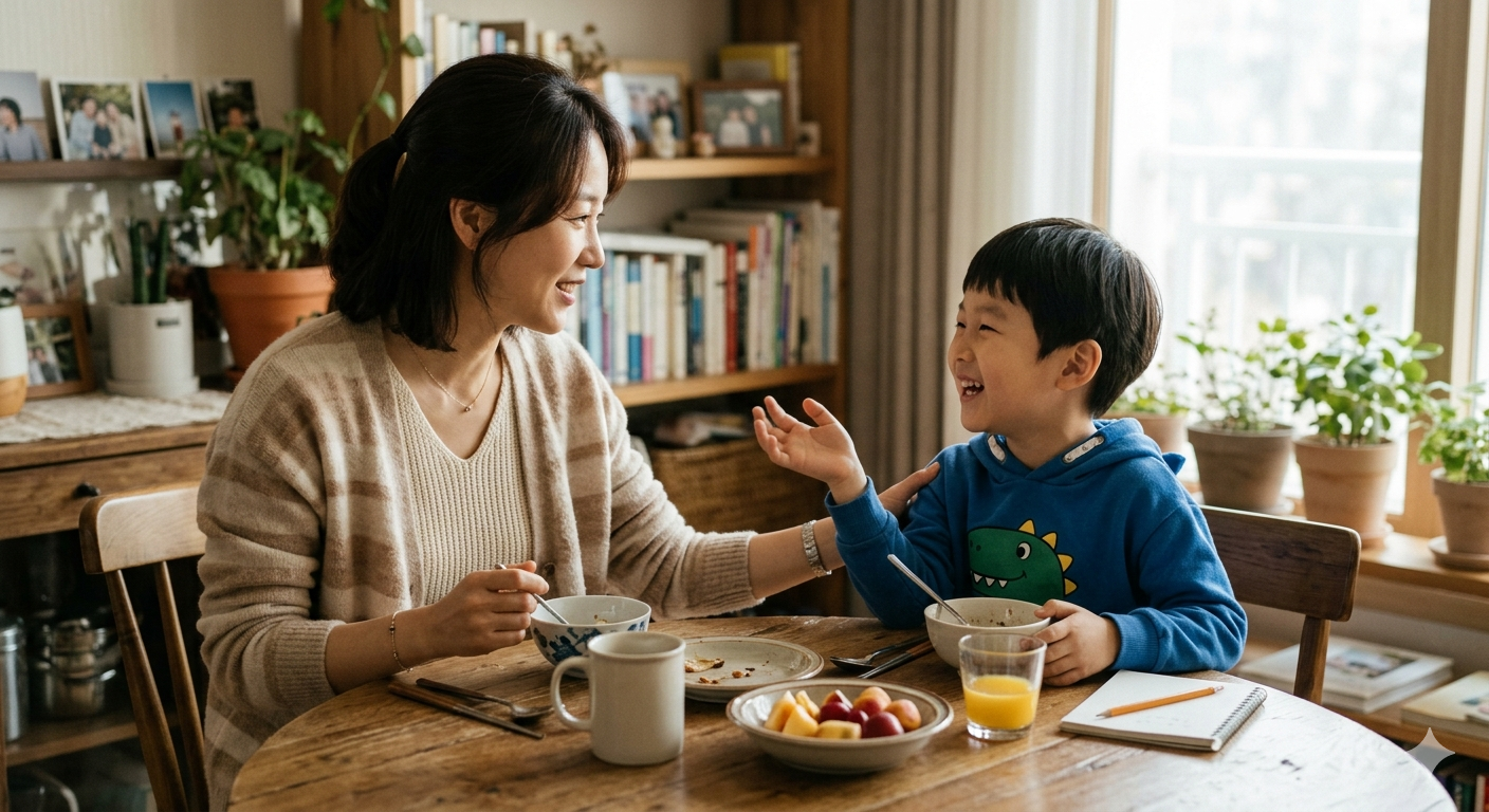 아들과 대화하는 엄마의 모습