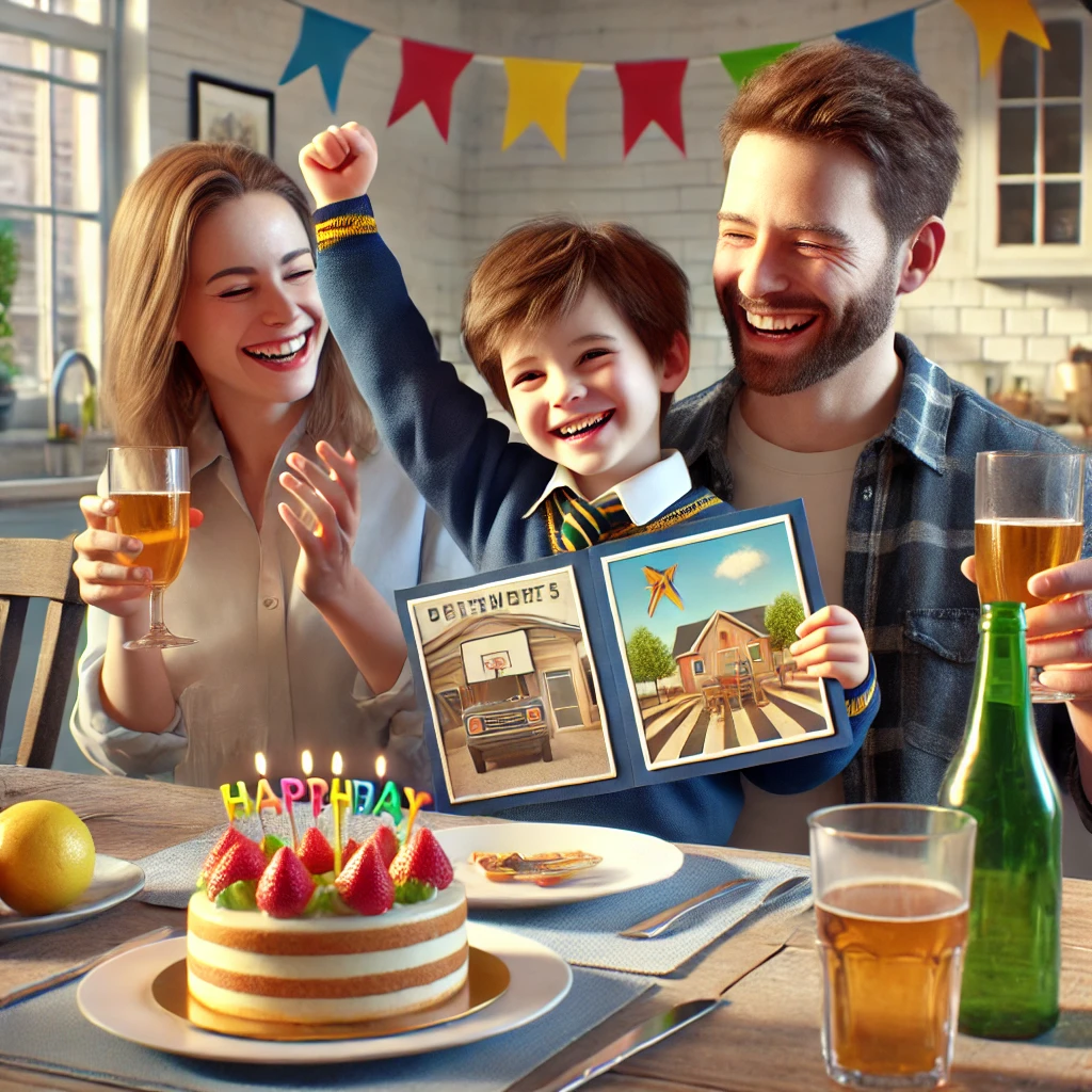 식탁에서 작은 축하를 즐기는 가족의 모습. 아이는 자랑스럽게 학교 프로젝트를 보여주고 부모는 미소를 지으며 환호하는 모습으로&amp;#44; 케이크와 음료가 놓여 있어 축제 분위기를 더함