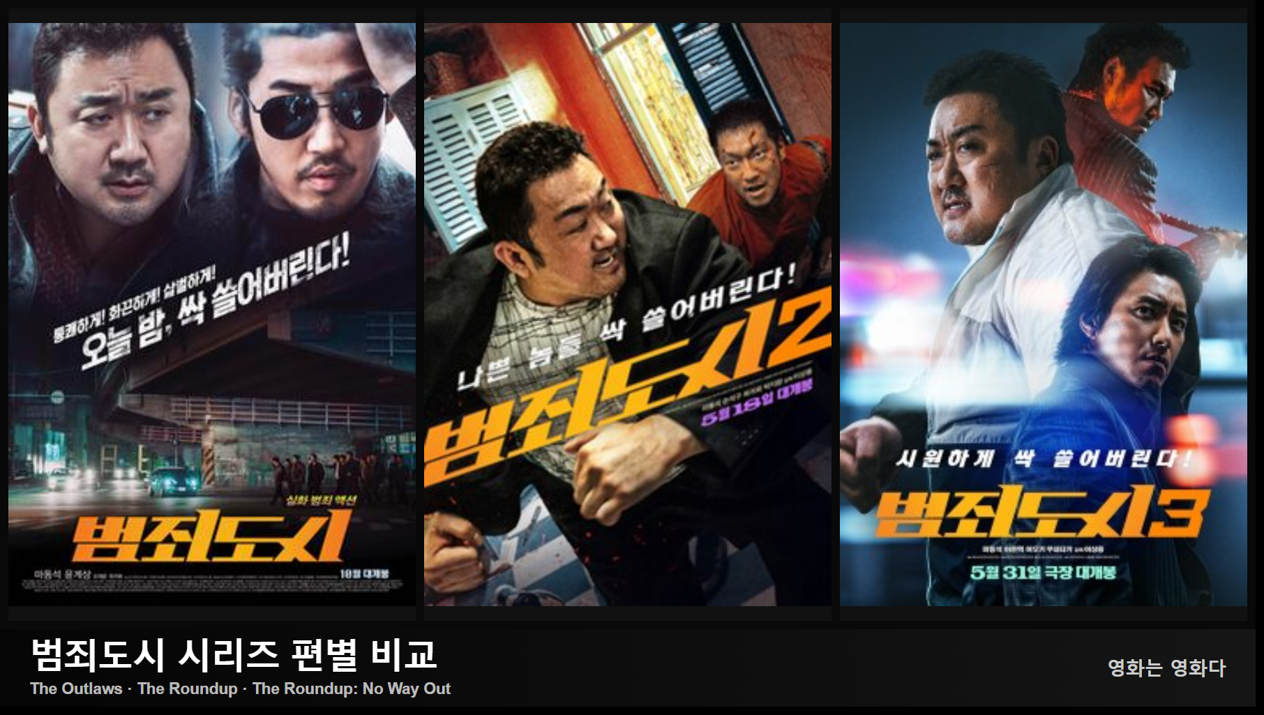 The Outlaws · The Roundup · The Roundup: No Way Out 기존 승인 대표 포스터 콜라주