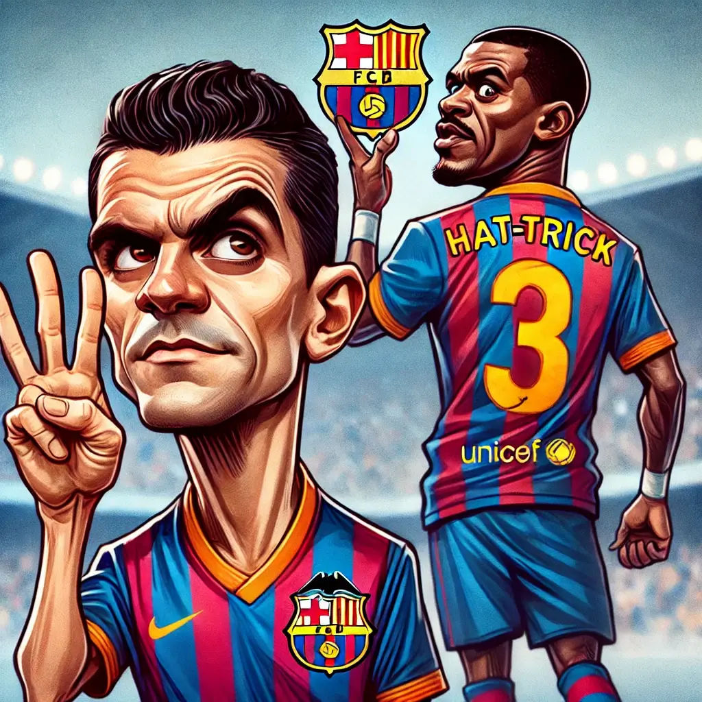 바르셀로나 선수가 해트트릭을 의미하는 손가락 제스처를 하는 캐리커처