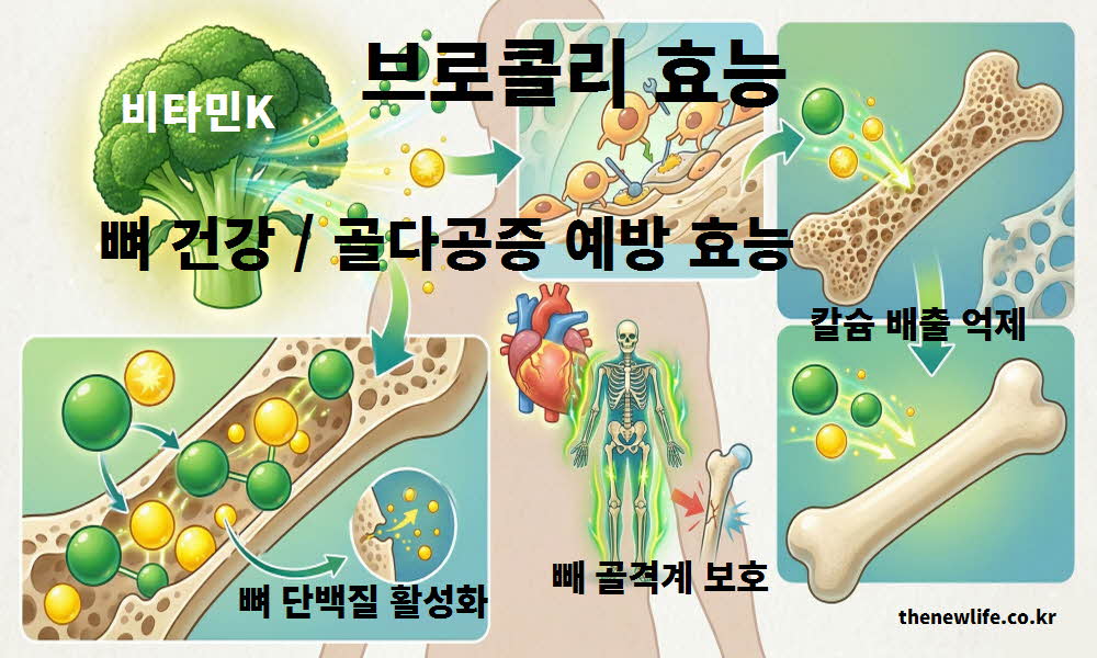 브로콜리 효능의 뼈 건강 및 골다공증 예방 과정을 설명하는 이미지