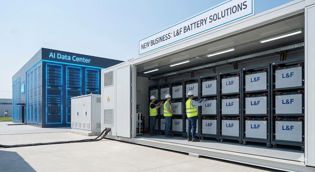 AI 데이터센터 옆에 거대한 ESS 장비가 서 있고, 엘앤에프 로고가 박힌 배터리가 장착되는 모습