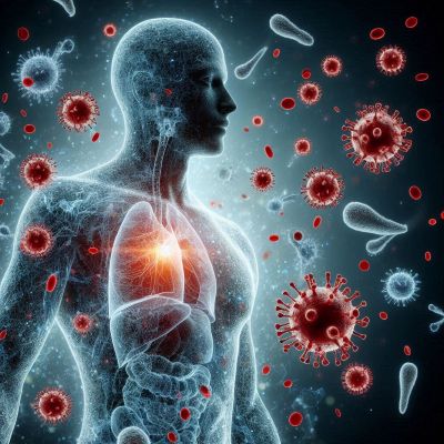 인체 실루엣 내부에 면역 세포가 자신의 조직을 공격하는 모습