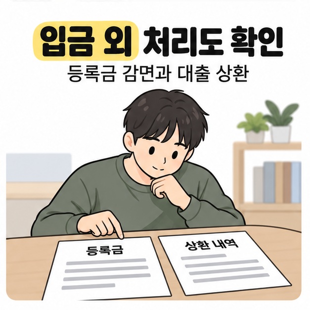 대학생이 책상 위에 나란히 놓인 등록금 서류와 상환 내역을 살펴보는 모습
