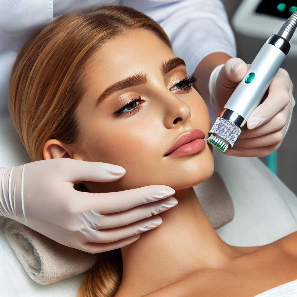 피부과에서 프락셀 미세침 시술을 받는 여성. 의료진이 미세침 기기를 사용하여 콜라겐 생성을 자극하는 모습.