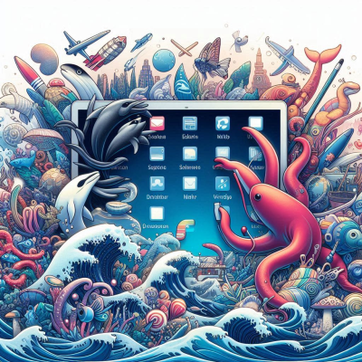 바닷속 생물들이 태블릿 화면 주위에 그려져 있는 모습입니다.