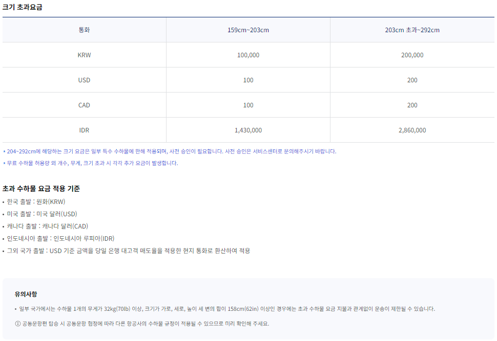 대한항공 초과 수하물 요금 규정-한국↔일본/중국/홍콩/대만/마카오/몽골 구간-일반석