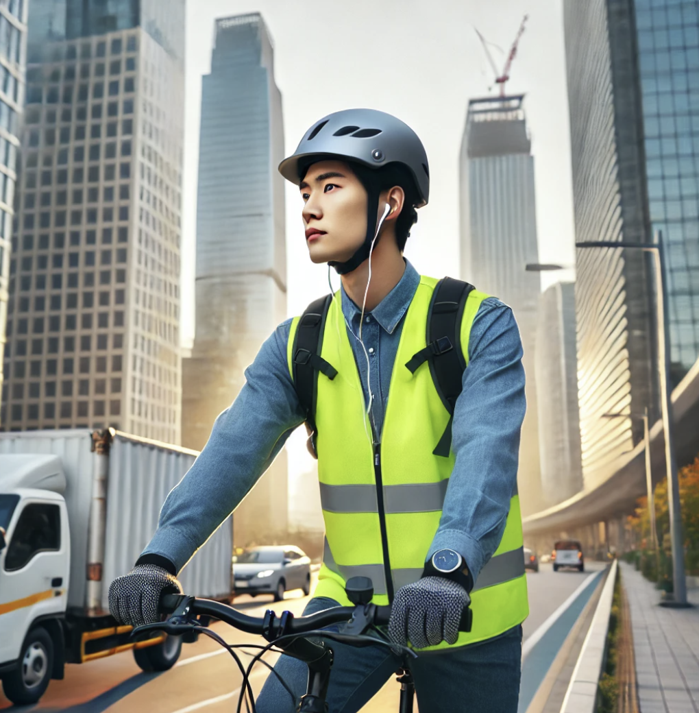 출퇴근시 안전조끼와 헬맷을 착용한 모습