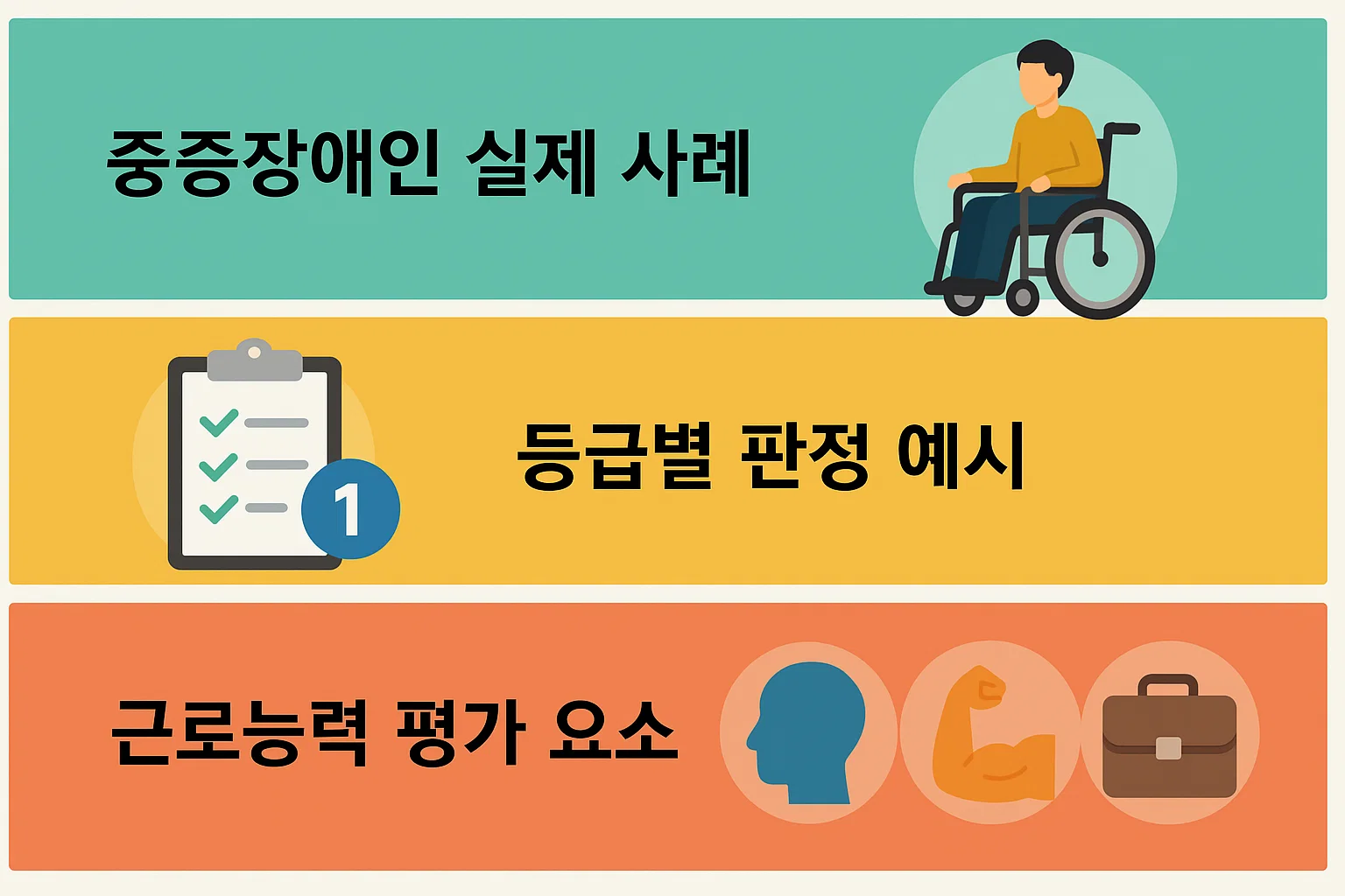 중증장애인의 실제 사례와 등급별 판정 예시, 근로능력 평가 요소를 종합적으로 정리한 이미지로, 제도 이해에 도움을 주는 시각 자료입니다.