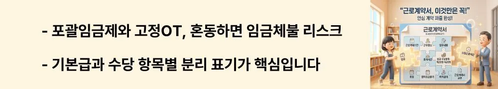 근로계약서 필수 기재 사항: '포괄임금제와 고정OT, 혼동하면 임금체불 리스크 / 기본급과 수당 항목별 분리 표기가 핵심입니다'라는 문구가 포함된 웹배너 이미지. 이 이미지는 포괄임금제와 고정OT의 차이점 및 근로계약서에 임금 구성항목을 분리 표기해야 하는 이유를 시각적으로 전달하며, 블로그의 수당 조항 작성법과 관련된 내용을 설명함