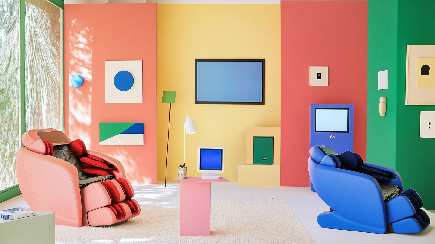 마사지 의자와 포터블 스크린을 포함한 LG 가전제품의 다양성을 보여주는 아늑한 분위기의 구독 서비스