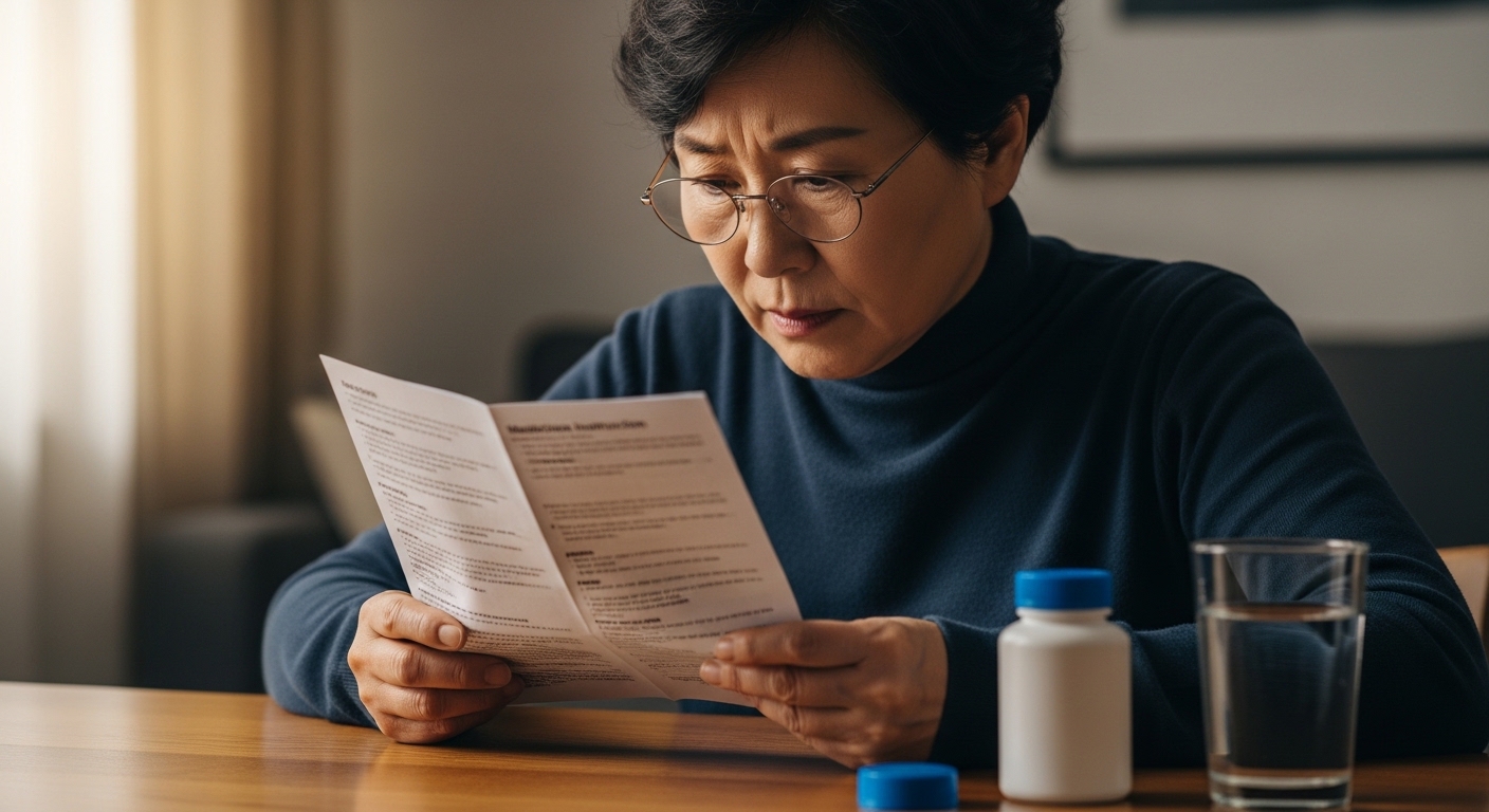 【IMG7 — 약 복용 전 설명서를 꼼꼼히 읽는 60대 한국인 이미지】