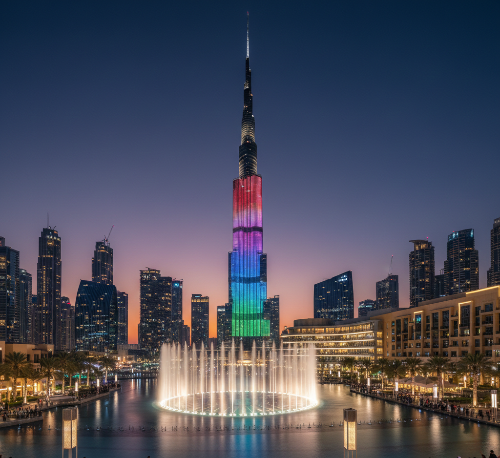 두바이 부르즈 할리파와 분수쇼가 어우러진 야경