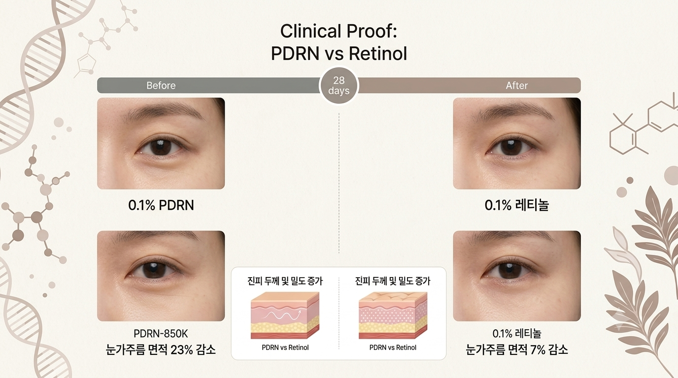 0.1% PDRN과 0.1% 레티놀의 28일 눈가 주름 개선 임상 비교 이미지. 'Before'와 'After' 사진을 통해 PDRN이 눈가 주름 면적 23% 감소, 레티놀이 7% 감소를 기록했음을 보여준다.