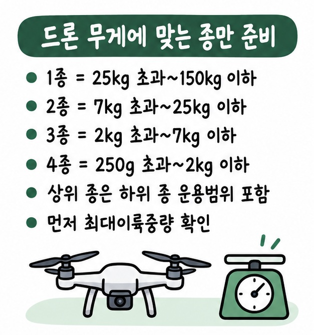 1종 25kg 초과, 2종 7kg 초과, 3종 2kg 초과, 4종 250g 초과부터 해당 범위가 나뉜다는 자격 선택 카드