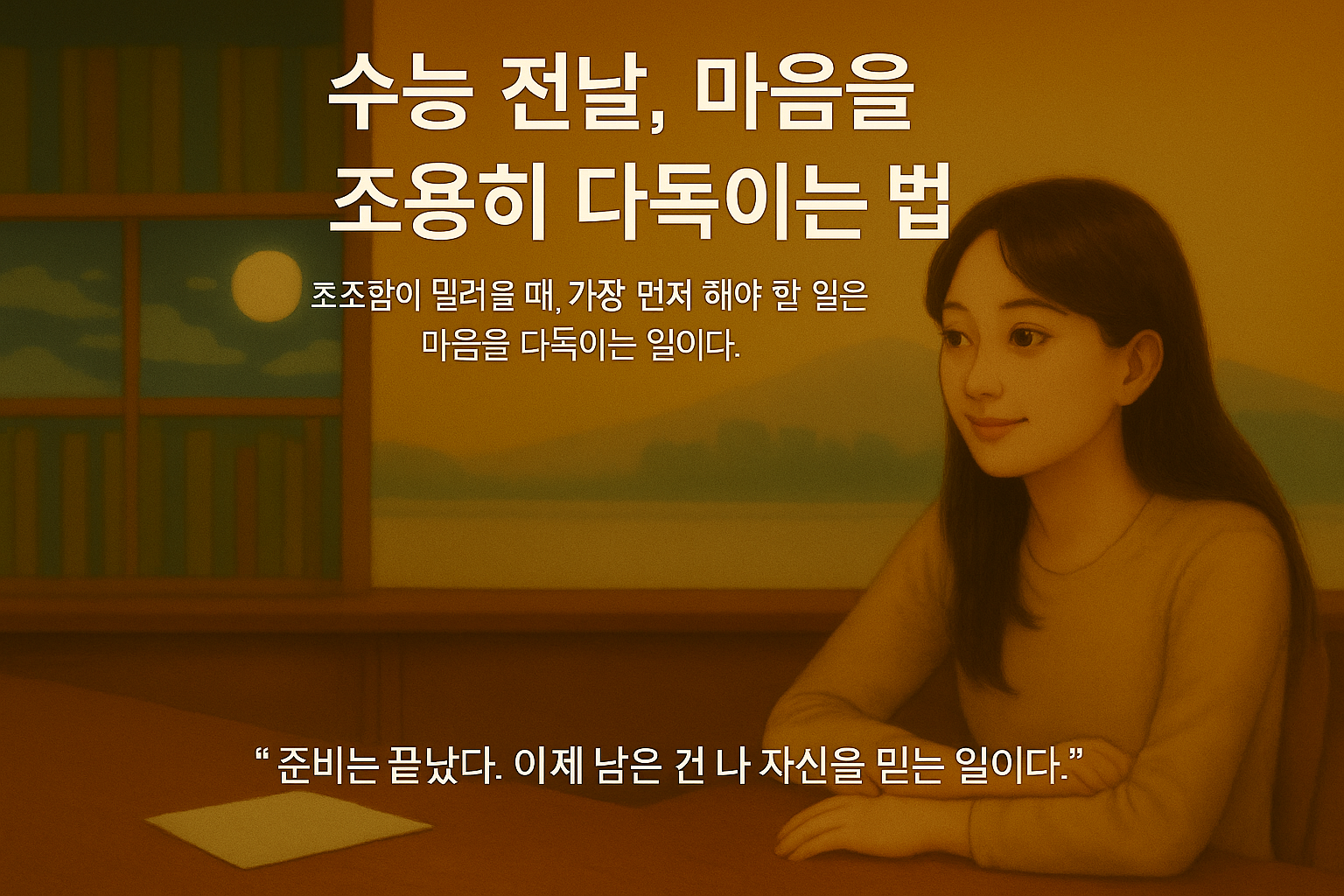따뜻한 조명이 비추는 저녁, 책상 앞에 앉아 조용히 미소 짓는 여학생의 모습. 창문 밖으로 석양이 스며들고, 평온한 분위기가 감돈다. 수능 전날의 긴장 속에서도 스스로를 다독이는 순간을 표현한 장면.
