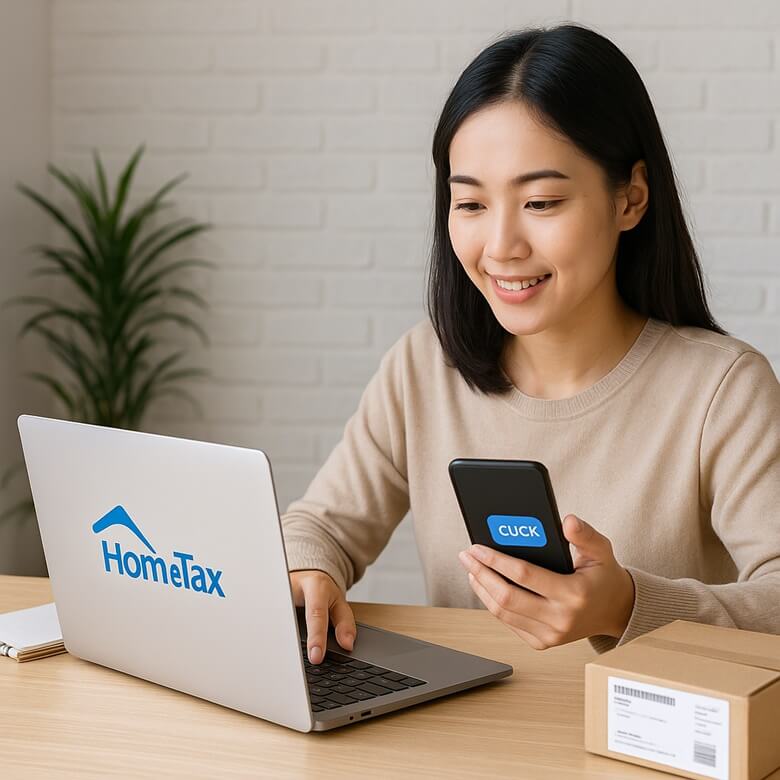 홈택스를 활용해 노트북과 스마트폰으로 세금신고 중인 온라인 판매자 여성