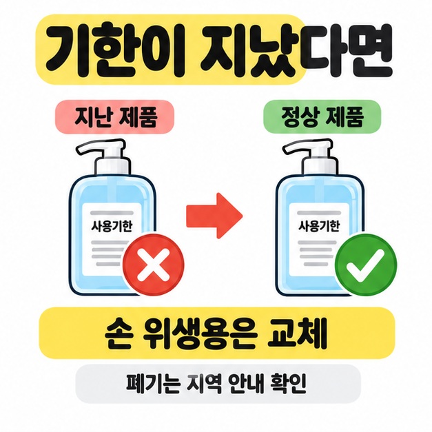 기한이 지난 제품의 제외 표시와 정상 제품의 확인 표시를 화살표로 연결하고 교체 및 지역 폐기 안내 확인을 설명한 그림