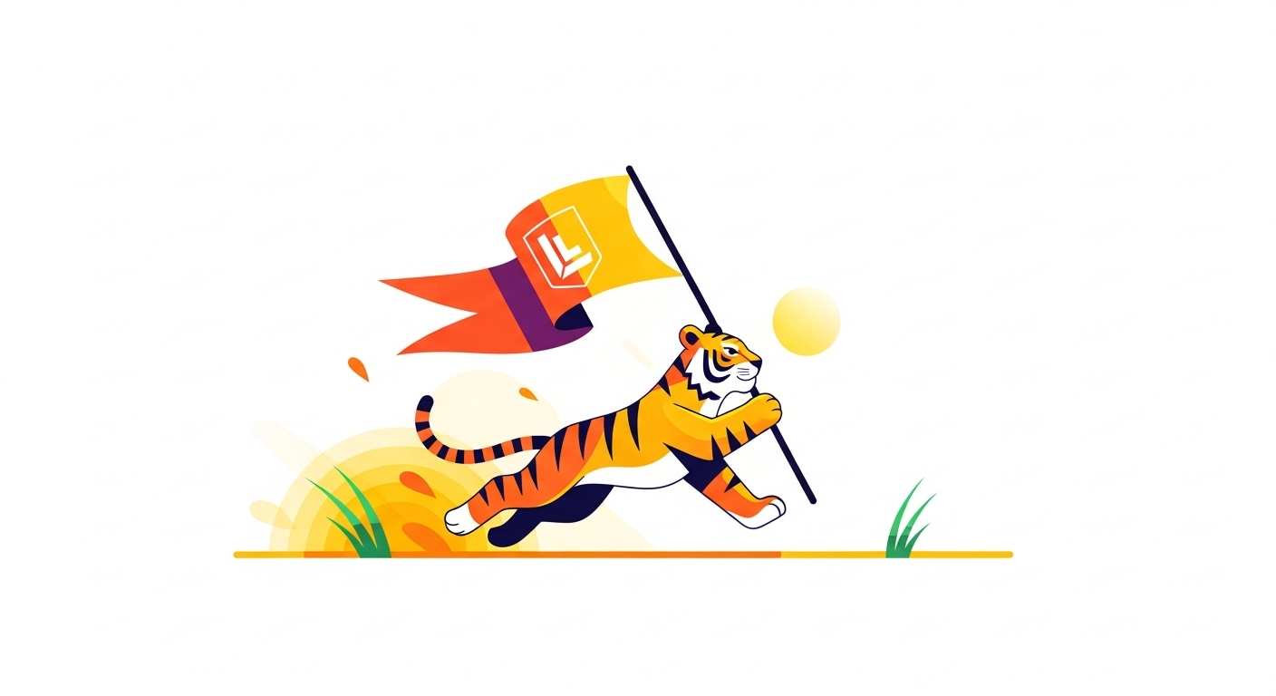 햇살이 비치는 들판을 깃발을 들고 힘차게 달리는 리더십 넘치는 호랑이 캐릭터 일러스트