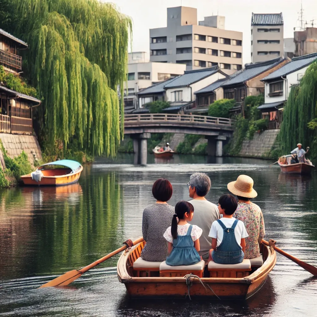 가족이 후쿠오카의 야나가와 강에서 전통 배를 타고 경치를 감상하는 모습.