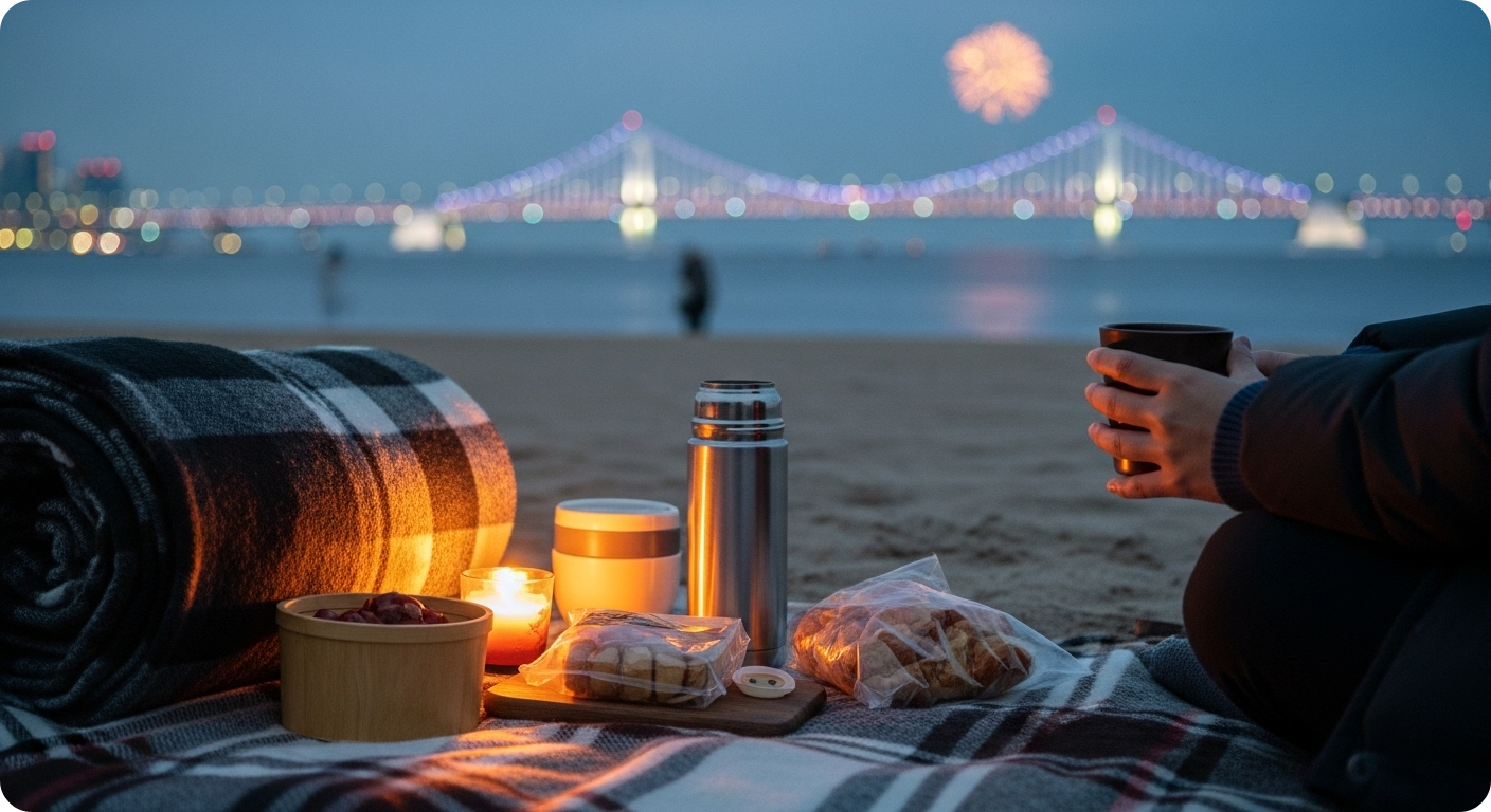 광안리 백사장에 깔린 돗자리 위, 따뜻한 담요와 간식, 음료가 놓여 있는 편안한 불꽃축제 준비 모습.