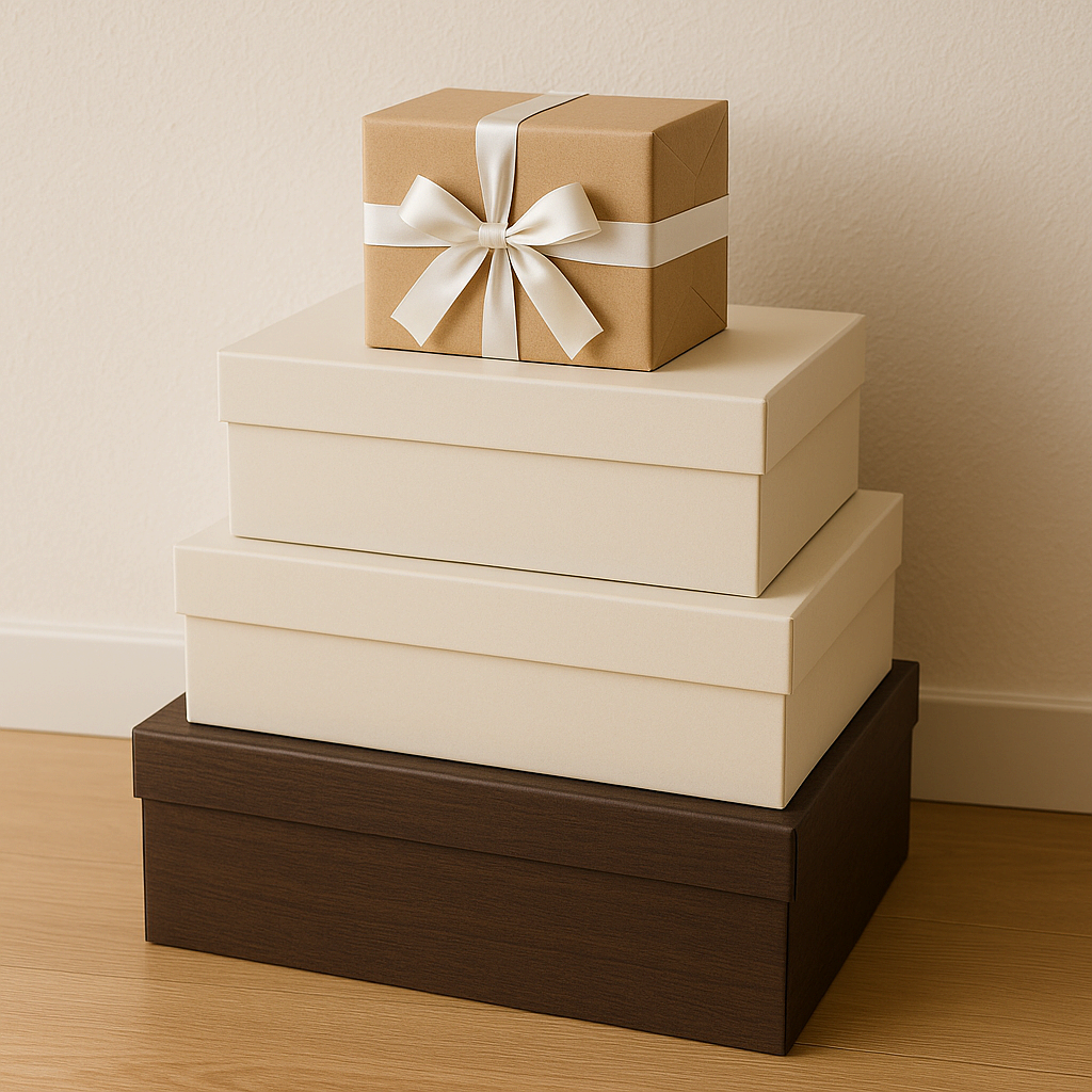 크기별로 쌓아 정리된 추석 선물세트 박스