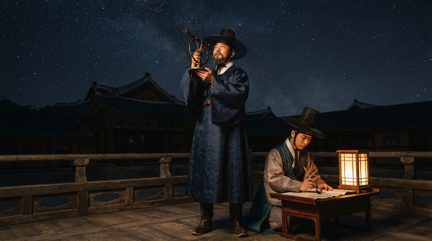 한옥 지붕이 보이는 밤 누각에서 관복 차림 남자가 관측 기구를 들고 별을 올려다보고 다른 이는 등불 옆에서 기록하는 동아시아 하늘의 관삭