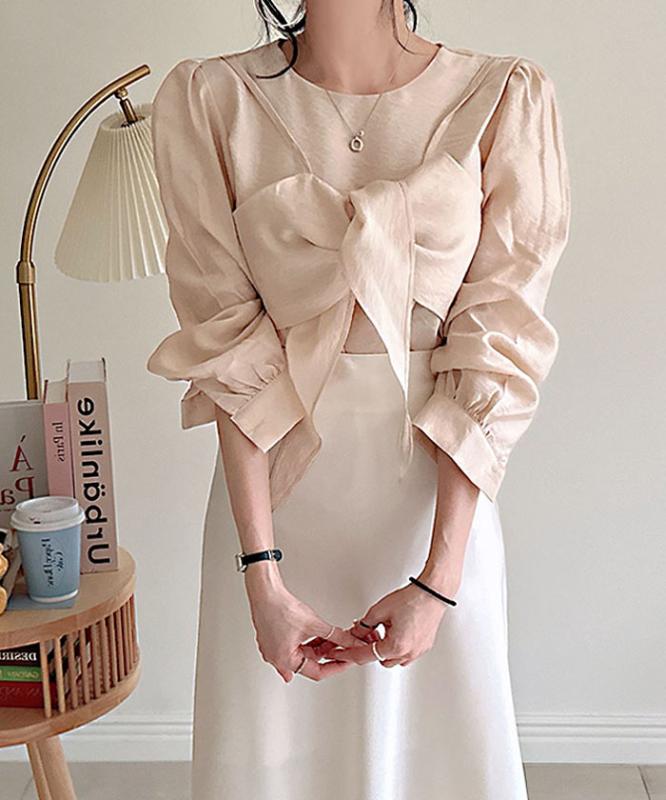 베이지크 겔랑 실키 리본 뷔스티에 레이어드 퍼프 소프트 긴팔 블라우스 4컬러