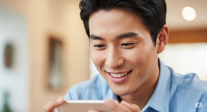 국민비서 앱 알림 화면을 보고 있는 남성. 쿠폰 지급 대상임을 확인하고 미소를 짓는 모습.