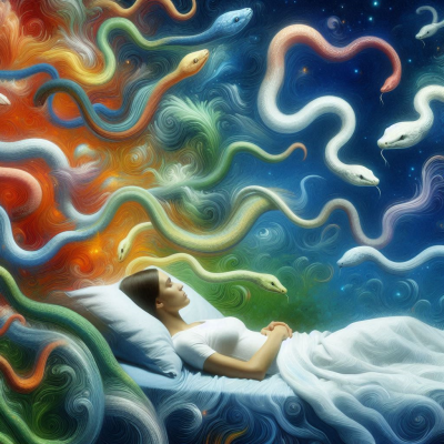 상상의 세계에서 여러 뱀이 꿈꾸는 사람을 감싸고 있습니다.