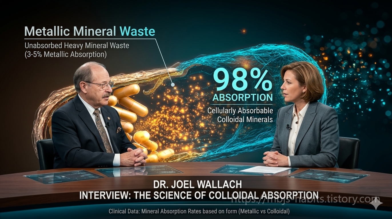 닥터 조엘 월렉(Dr. Joel Wallach)과 여성 인터뷰어가 테이블에 마주 앉아 있으며, 왼쪽에는 금속성 미네랄의 3~5% 흡수율을 나타내는 황금빛 캡슐 이미지와 'Metallic Mineral Waste'라는 문구가, 오른쪽에는 콜로이드 미네랄의 98% 흡수율을 나타내는 청록빛 에너지 구체가 표현된 콜로이드 미네랄 흡수율 비교 인터뷰 이미지