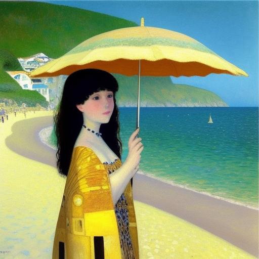 a painting of a beach&#44; beautiful girls&#44; parasols&#44; small hill in the distant&#44; by Gustave Klimt