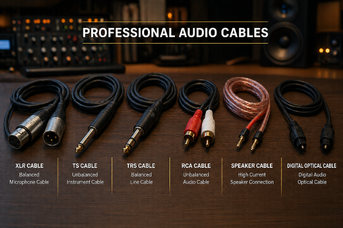 XLR, TS, TRS, RCA, 스피커 케이블, 디지털 광케이블이 나란히 정리된 이미지