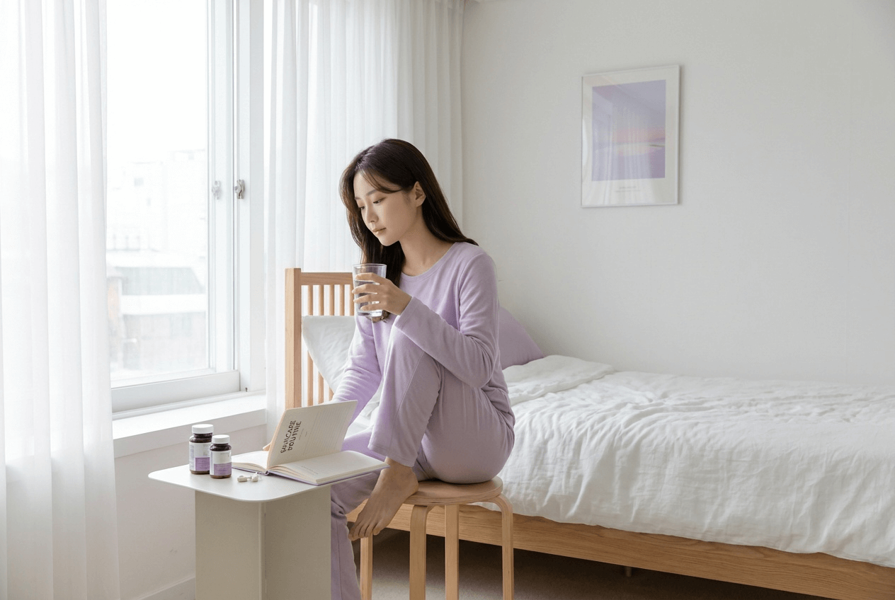 아침 햇살이 들어오는 창가에서 물 한 잔과 함께 영양제를 챙겨 먹는 한국인 여성의 루틴 장면