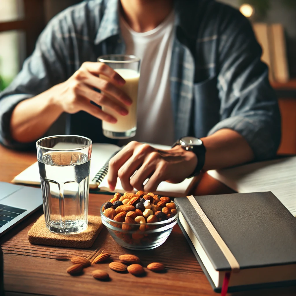 "책상 위에 혼합 견과류와 물 한 잔이 놓여 있고, 사람이 공부하거나 일하는 모습"
