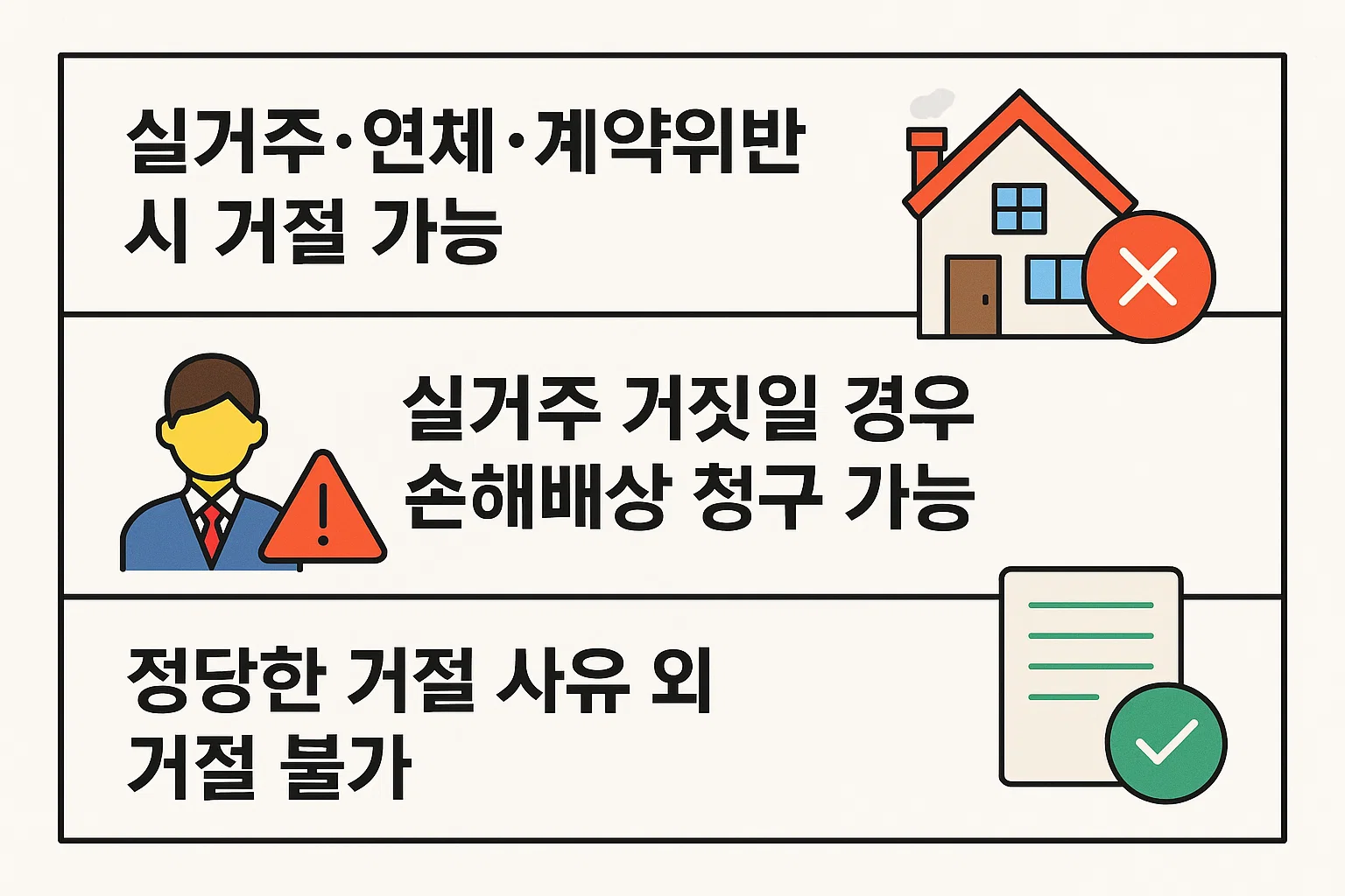 실거주&middot;연체&middot;계약 위반 시 거절 가능 사유와 실거주 거짓 시 손해배상 청구 가능성 등 세입자 보호 전략을 정리한 인포그래픽.