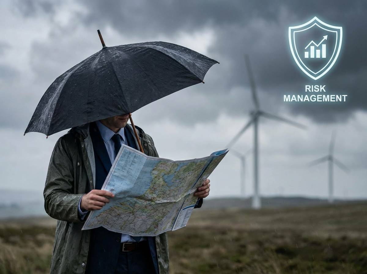 비바람이 부는 야외에서 우산을 쓰고 지도를 살피는 투자자, 멀리 보이는 풍력 발전기와 먹구름, 리스크 관리를 상징하는 방패 아이콘
