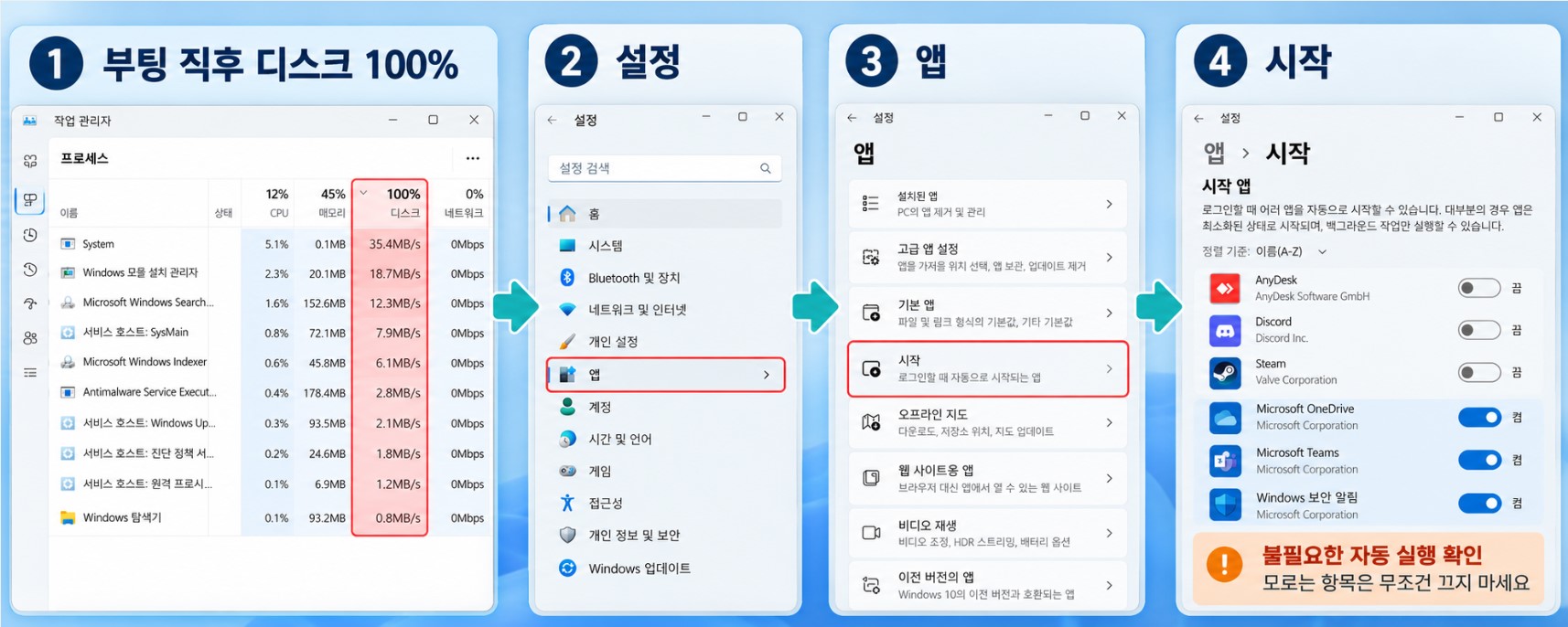 부팅 직후 디스크 100% &rarr; 설정 &rarr; 앱 &rarr; 시작 &rarr; 불필요한 자동 실행 확인