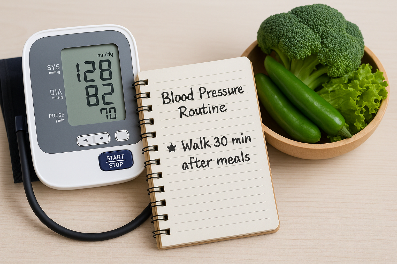 전자 혈압계, 기록 노트, 펜이 놓인 원목 테이블의 미니 정물 이미지 전자 혈압계와 혈압·걷기 기록 노트