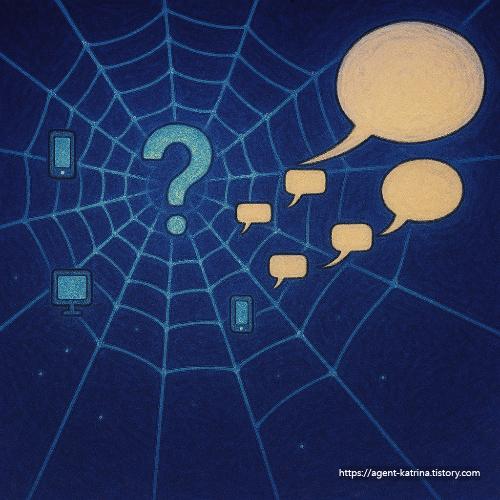 디지털 일러스트레이션, 어두운 파란색과 보라색 배경의 사이버 공간에 거대한 거미줄이 펼쳐져 있다. 거미줄은 발광하는 데이터 라인처럼 빛나고, 중앙에는 '?' 모양의 물음표가 떠 있다. 거미줄 곳곳에는 작은 스마트폰과 컴퓨터 아이콘들이 걸려있고, 각 기기에서는 작은 말풍선들이 나와 연결되며 커져간다. 말풍선들은 점점 커지고 과장되며 변형되어, 원래의 작은 메시지가 어떻게 과장된 음모론으로 발전하는지 시각화한다. 미스터리한 분위기와 함께 디지털 시대의 정보 왜곡을 표현하는 스타일.