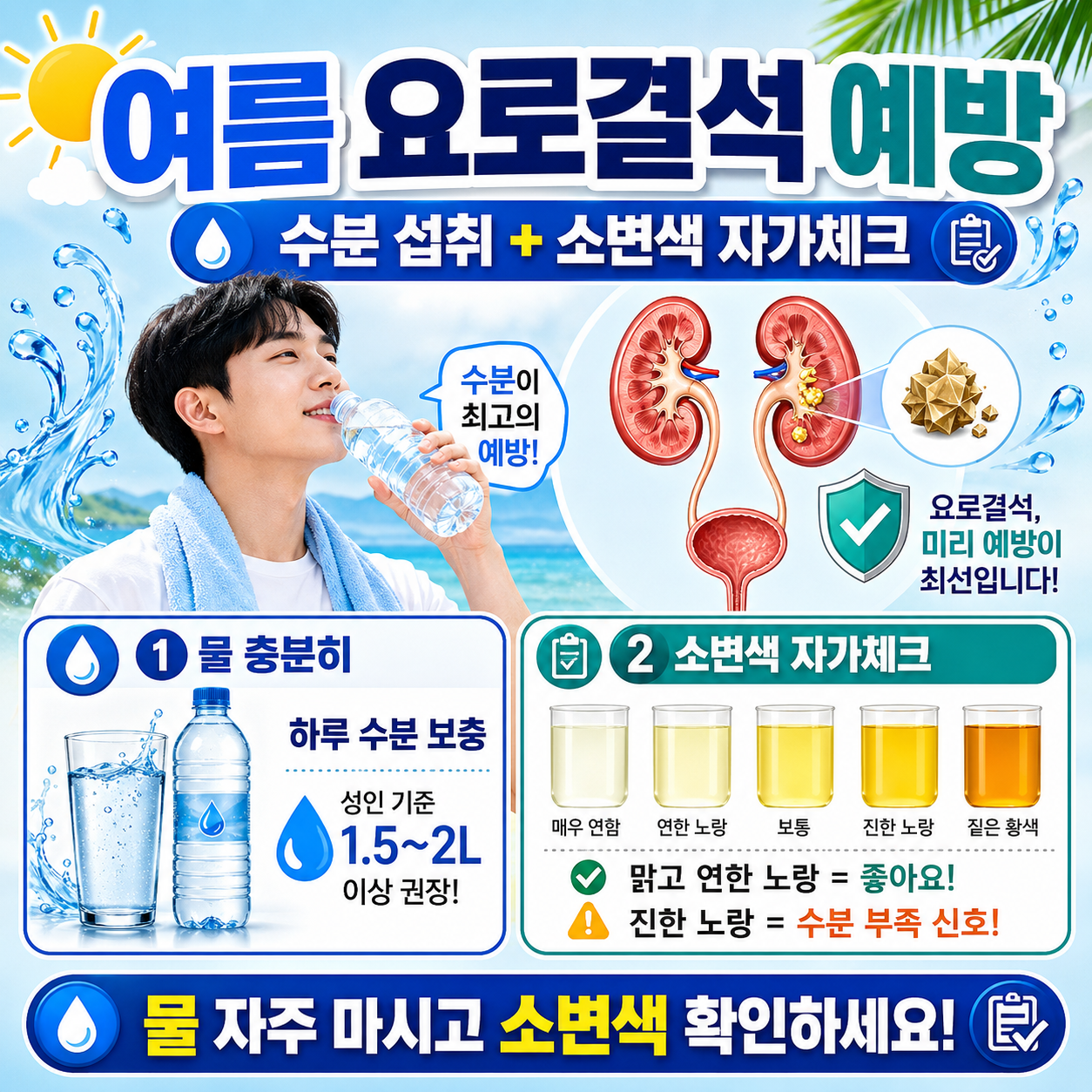 여름 요로결석 예방 수분 섭취와 소변색 자가체크 방법