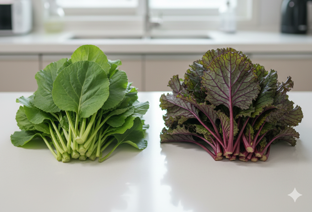 용도에 따라 골라 쓰는 갓! 톡 쏘는 맛이 강한 적갓과 향긋하고 깔끔한 맛의 청갓 비교